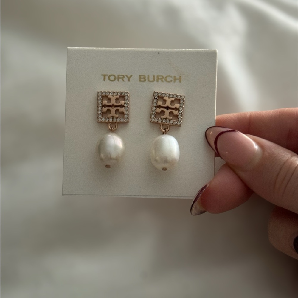Tory Burch Rose Gold Logo Pearl Drop Earrings